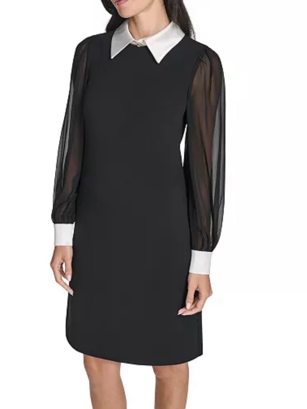 Jessica Howard  Black Sheath Dress White Collar Sheer Bishop Sleeve 14P